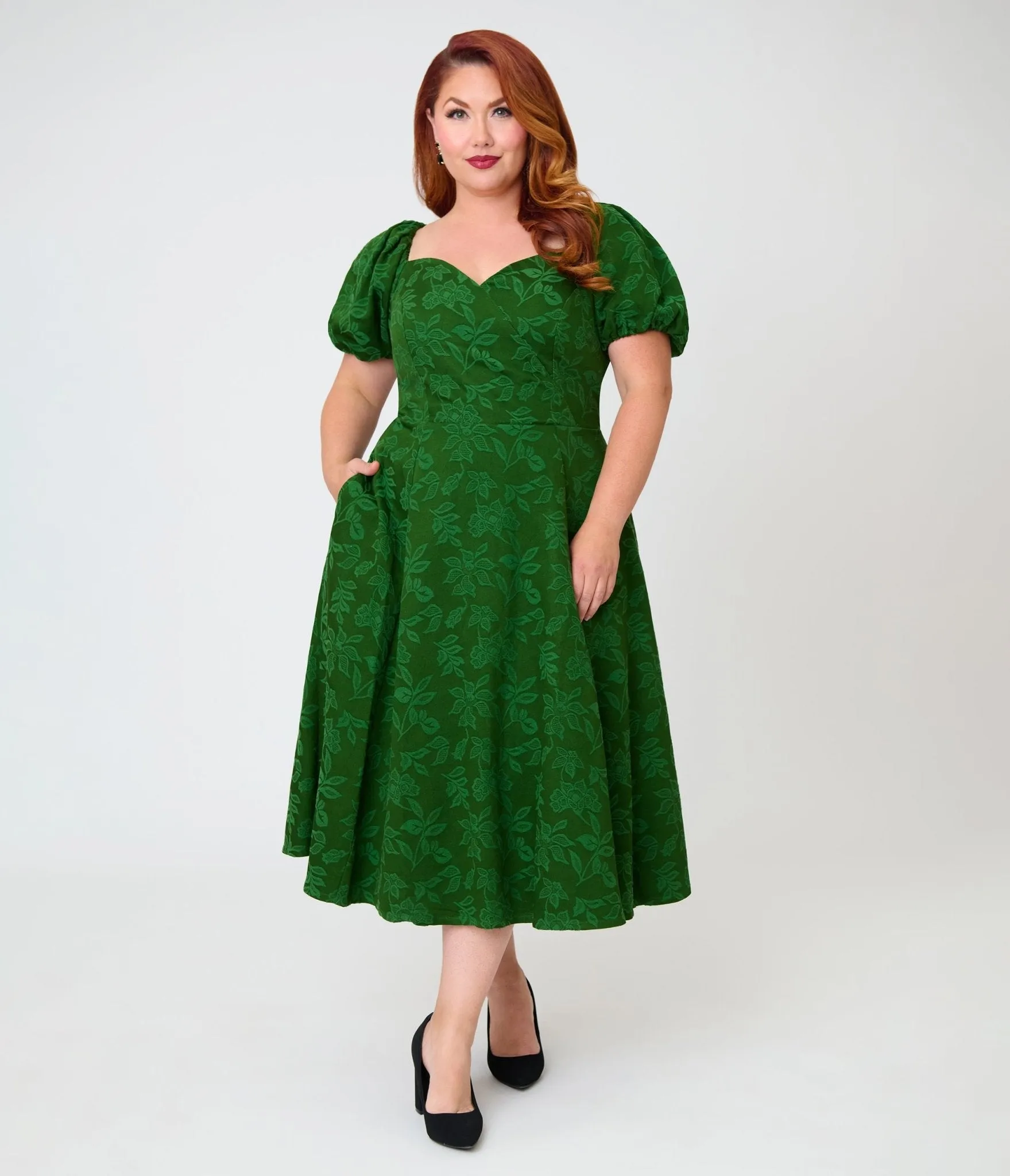 Unique Vintage Plus Size Green Floral Jacquard Sweetheart Swing Dress sold by Unique Vintage