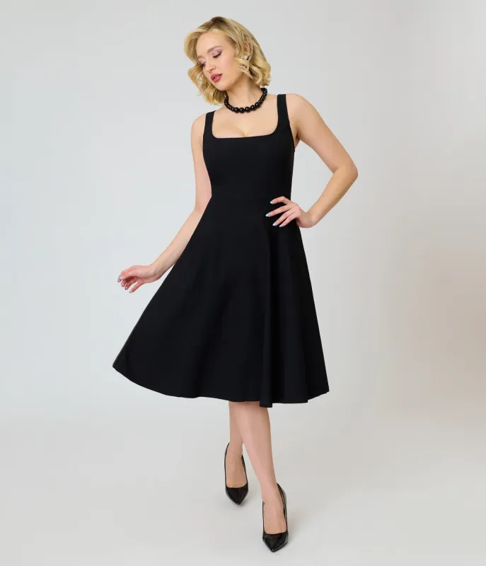 Unique Vintage Black Square Neck Pleated Swing Dress made by Unique Vintage