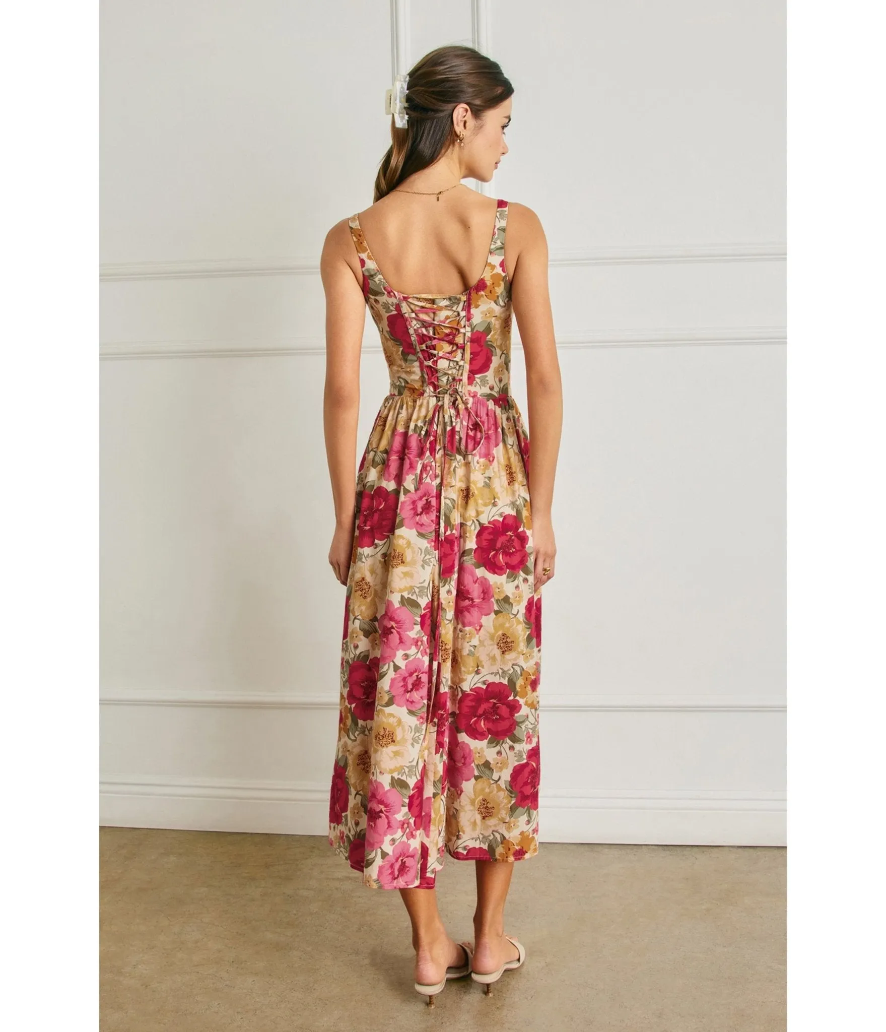 Pink Floral Tie Strap Midi Dress sold by Unique Vintage product image thumbnail 3