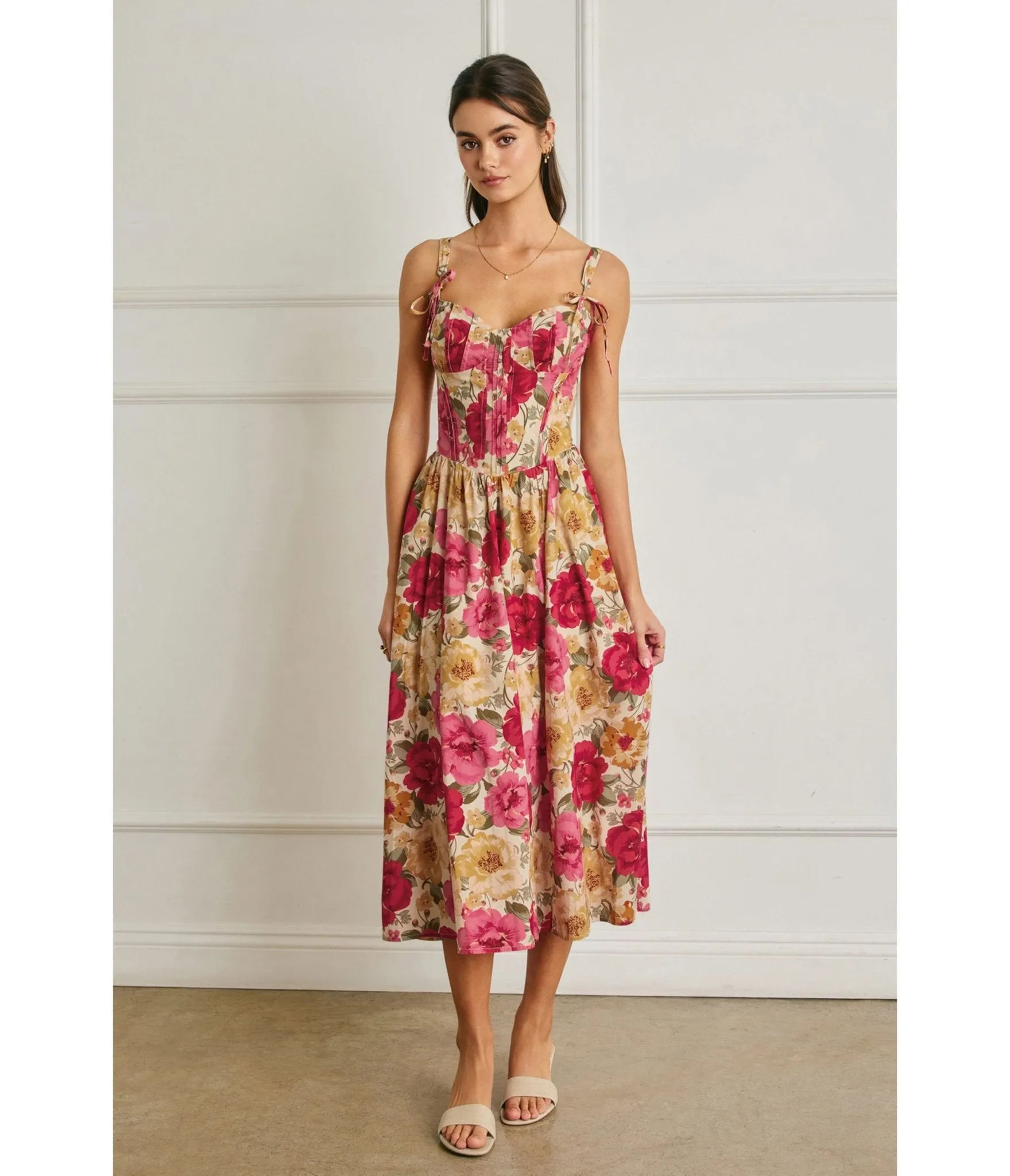 Pink Floral Tie Strap Midi Dress sold by Unique Vintage product image thumbnail 2