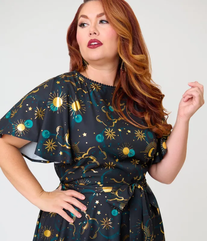 Unique Vintage Plus Size Black Celestial Print Swing Dress made by Unique Vintage
