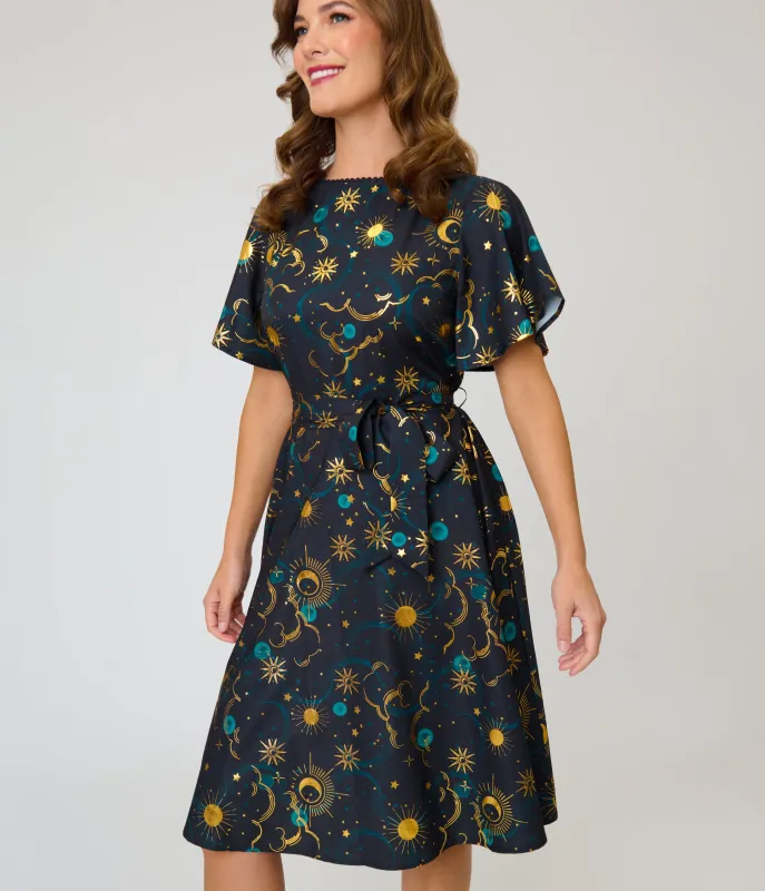 Unique Vintage Black Celestial Print Swing Dress made by Unique Vintage