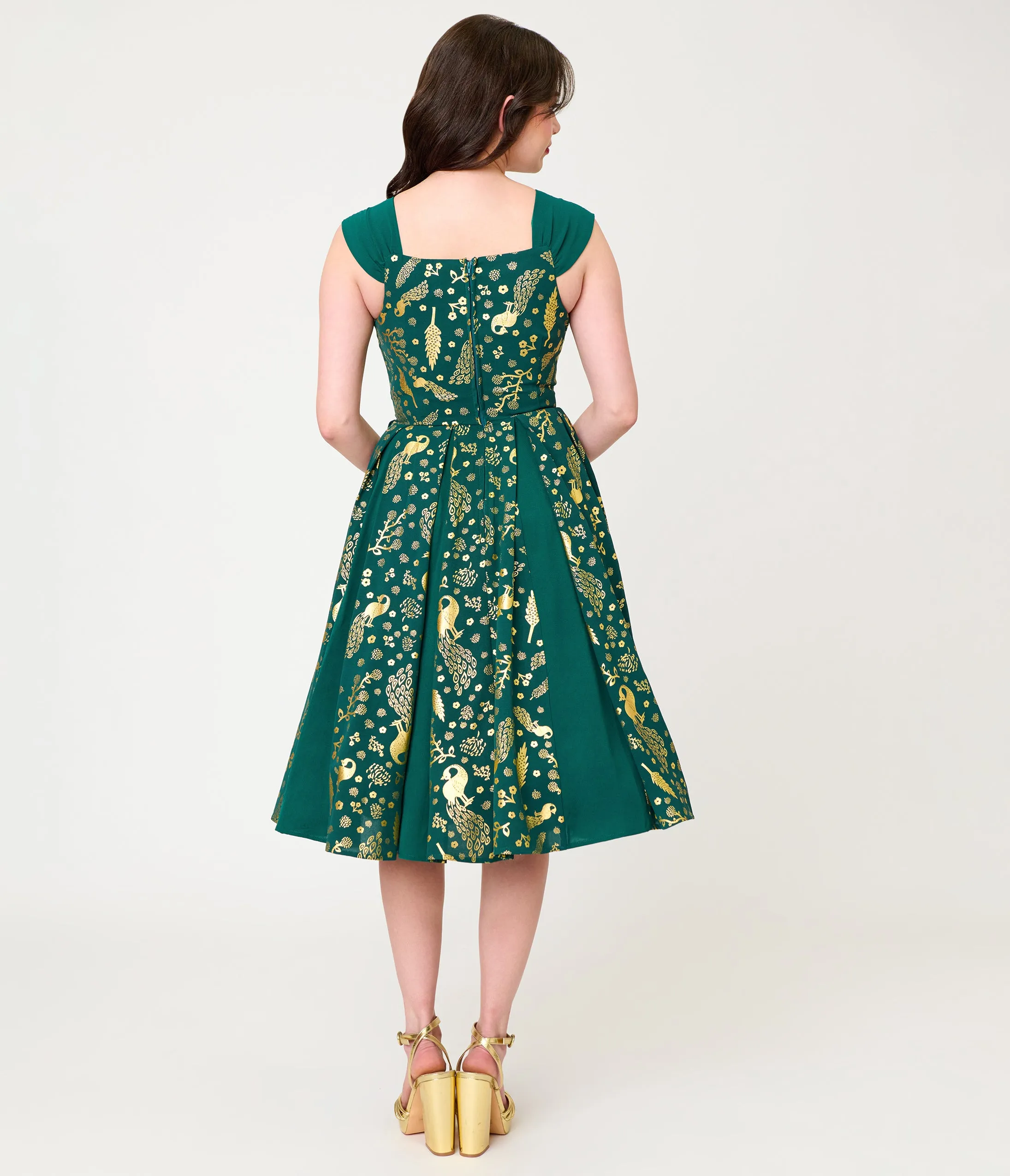 Unique Vintage Green & Gold Peacock Swing Dress sold by Unique Vintage product image thumbnail 2