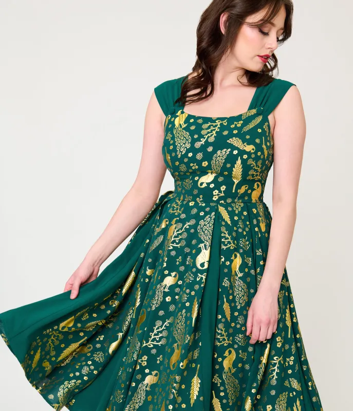 Unique Vintage Green & Gold Peacock Swing Dress made by Unique Vintage