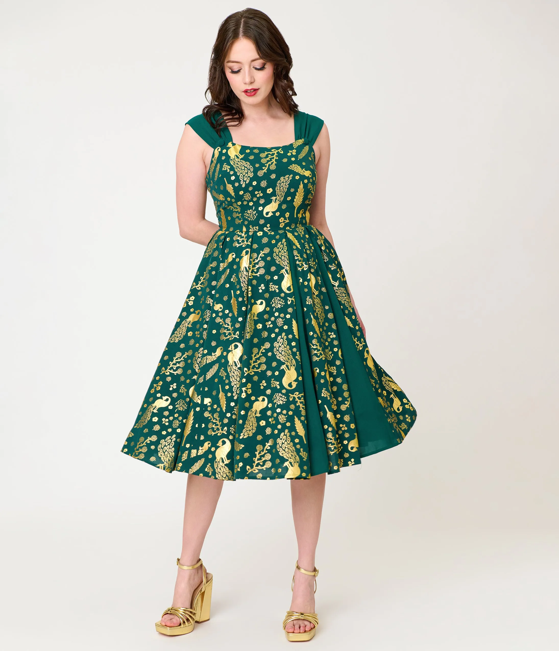 Unique Vintage Green & Gold Peacock Swing Dress sold by Unique Vintage product image thumbnail 3