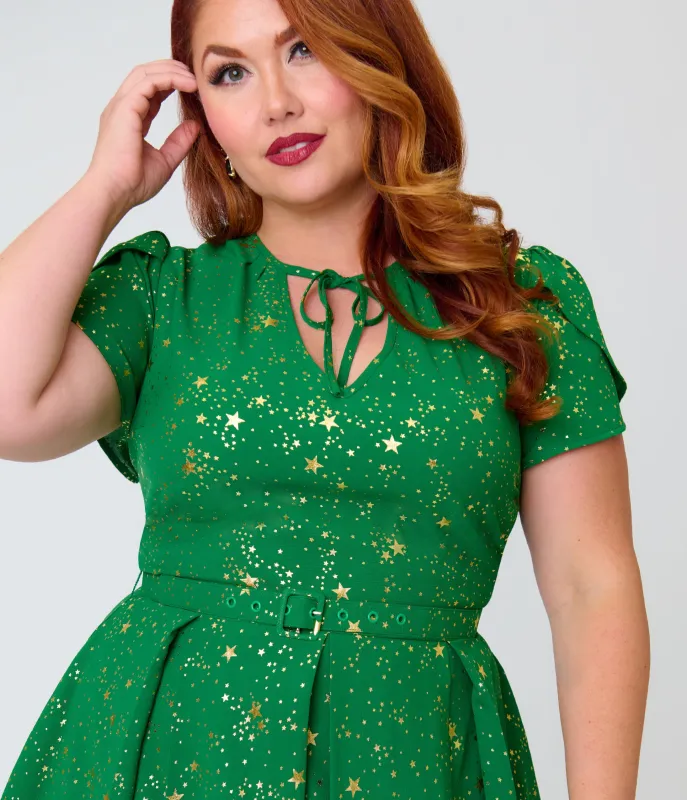 Unique Vintage Plus Size Green & Gold Star Dahlia Swing Dress made by Unique Vintage