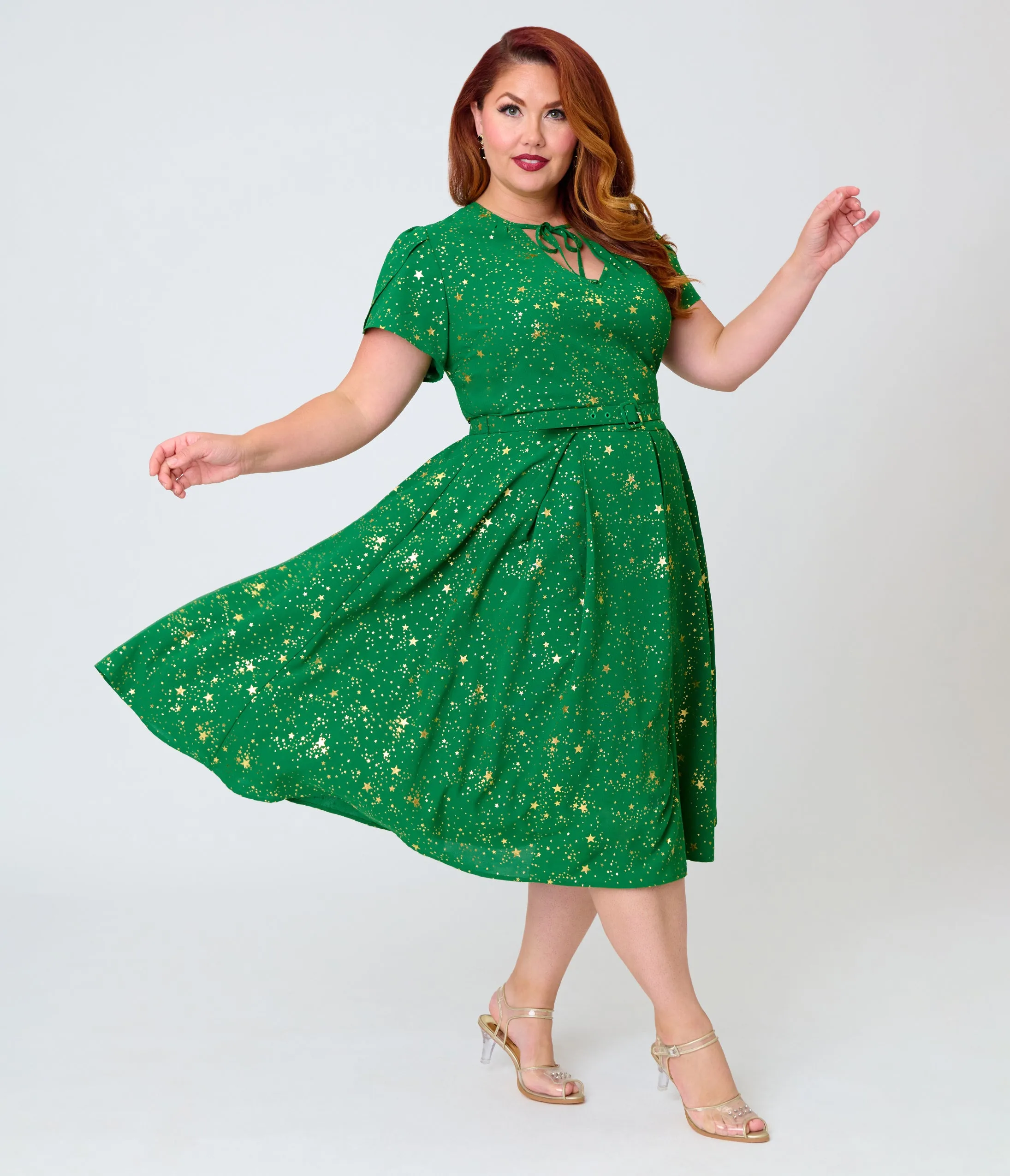 Unique Vintage Plus Size Green & Gold Star Dahlia Swing Dress sold by Unique Vintage product image thumbnail 3