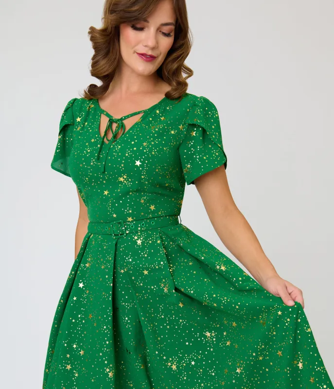 Unique Vintage Green & Gold Star Dahlia Swing Dress made by Unique Vintage