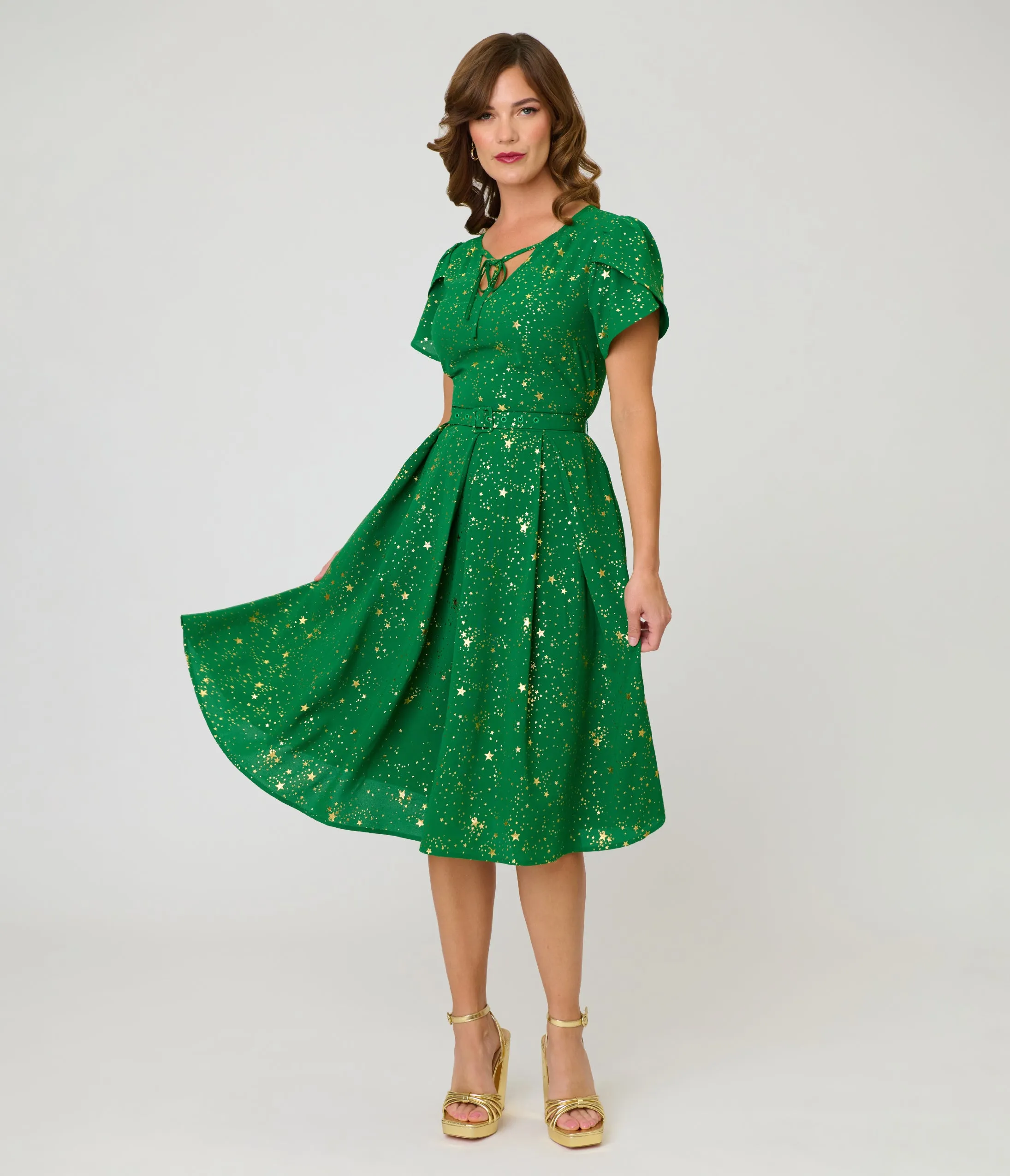 Unique Vintage Green & Gold Star Dahlia Swing Dress sold by Unique Vintage product image thumbnail 4
