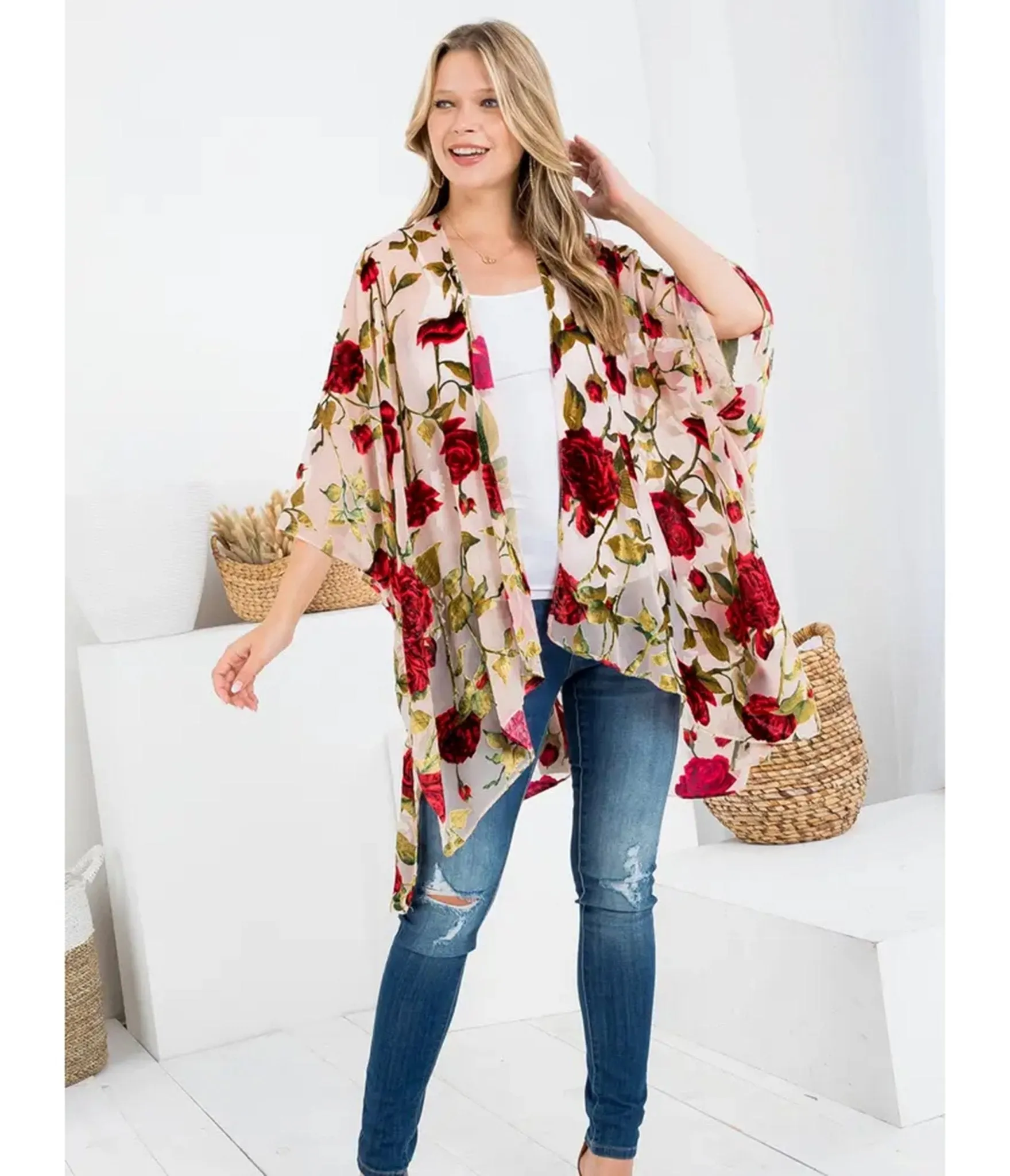 Blush Rose Print Kimono sold by Unique Vintage