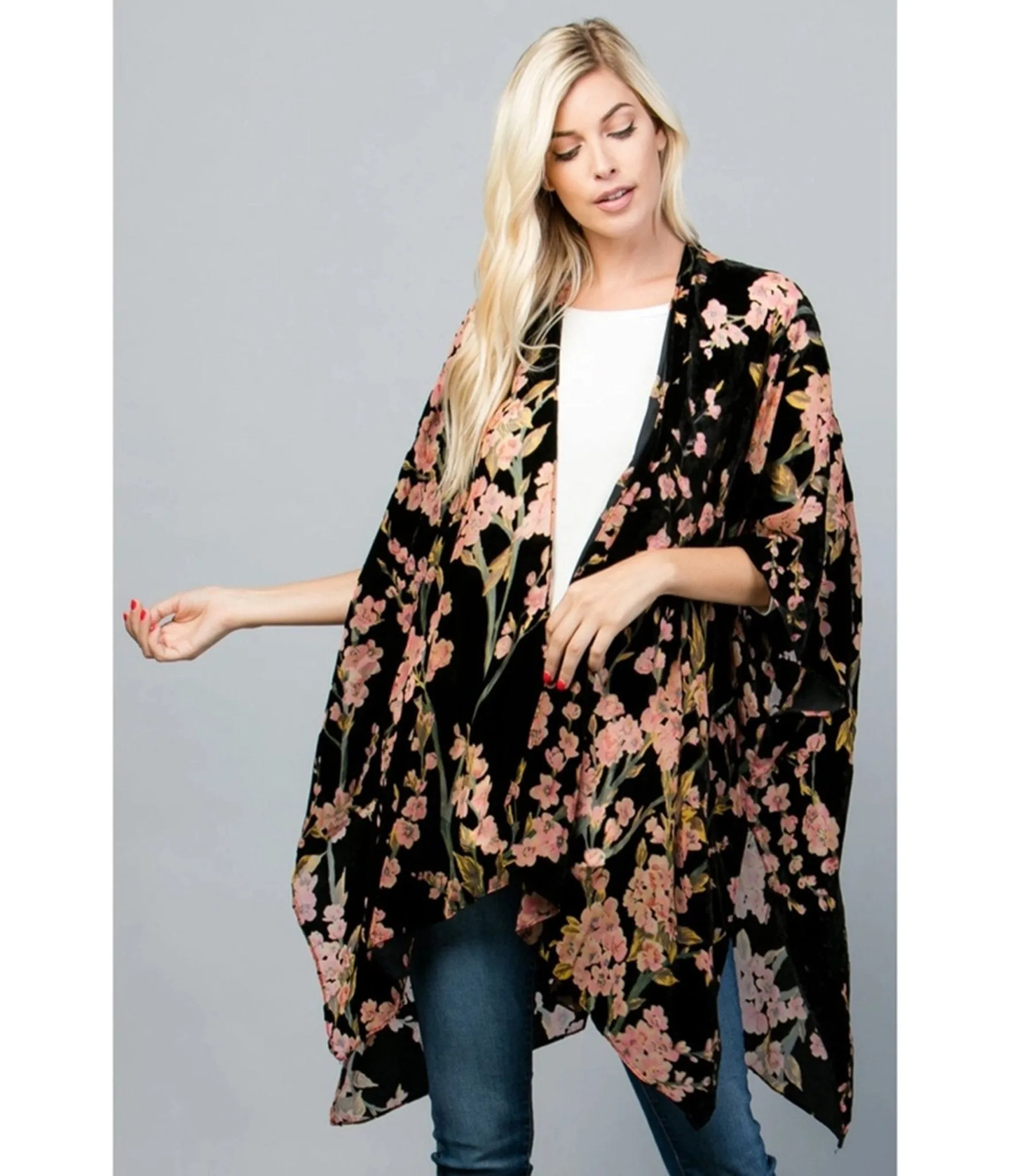 Black Floral Print Velvet Kimono sold by Unique Vintage