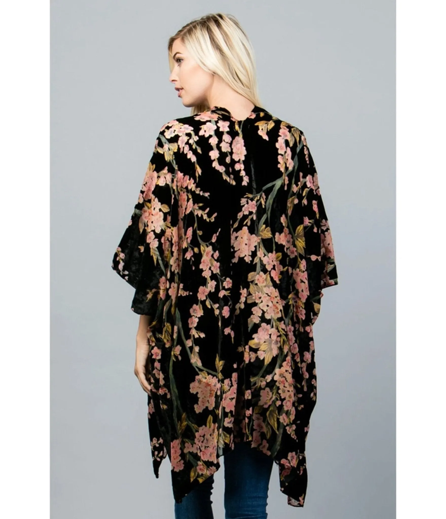 Black Floral Print Velvet Kimono sold by Unique Vintage product image thumbnail 2