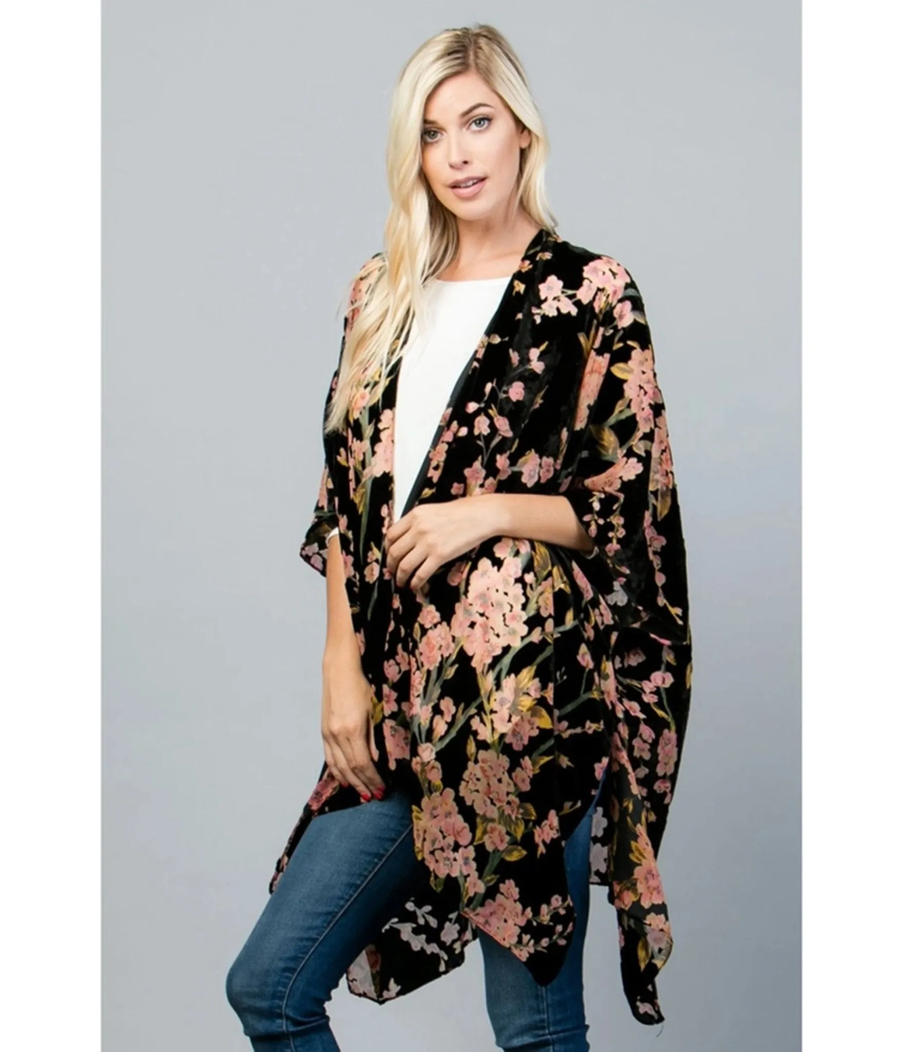 Black Floral Print Velvet Kimono sold by Unique Vintage product image thumbnail 3