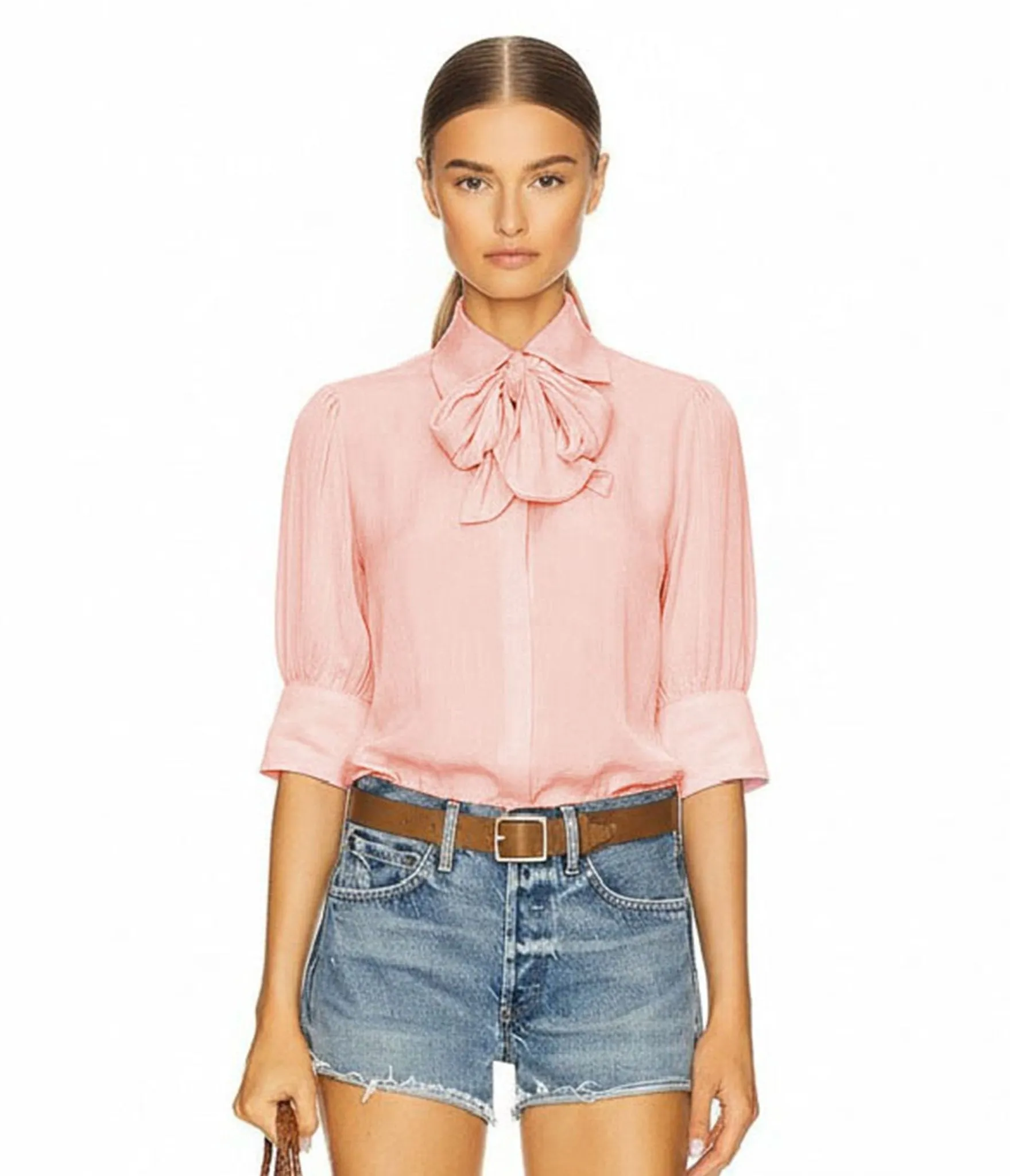 Pink Tie Neck Three Quarter Sleeve Blouse sold by Unique Vintage