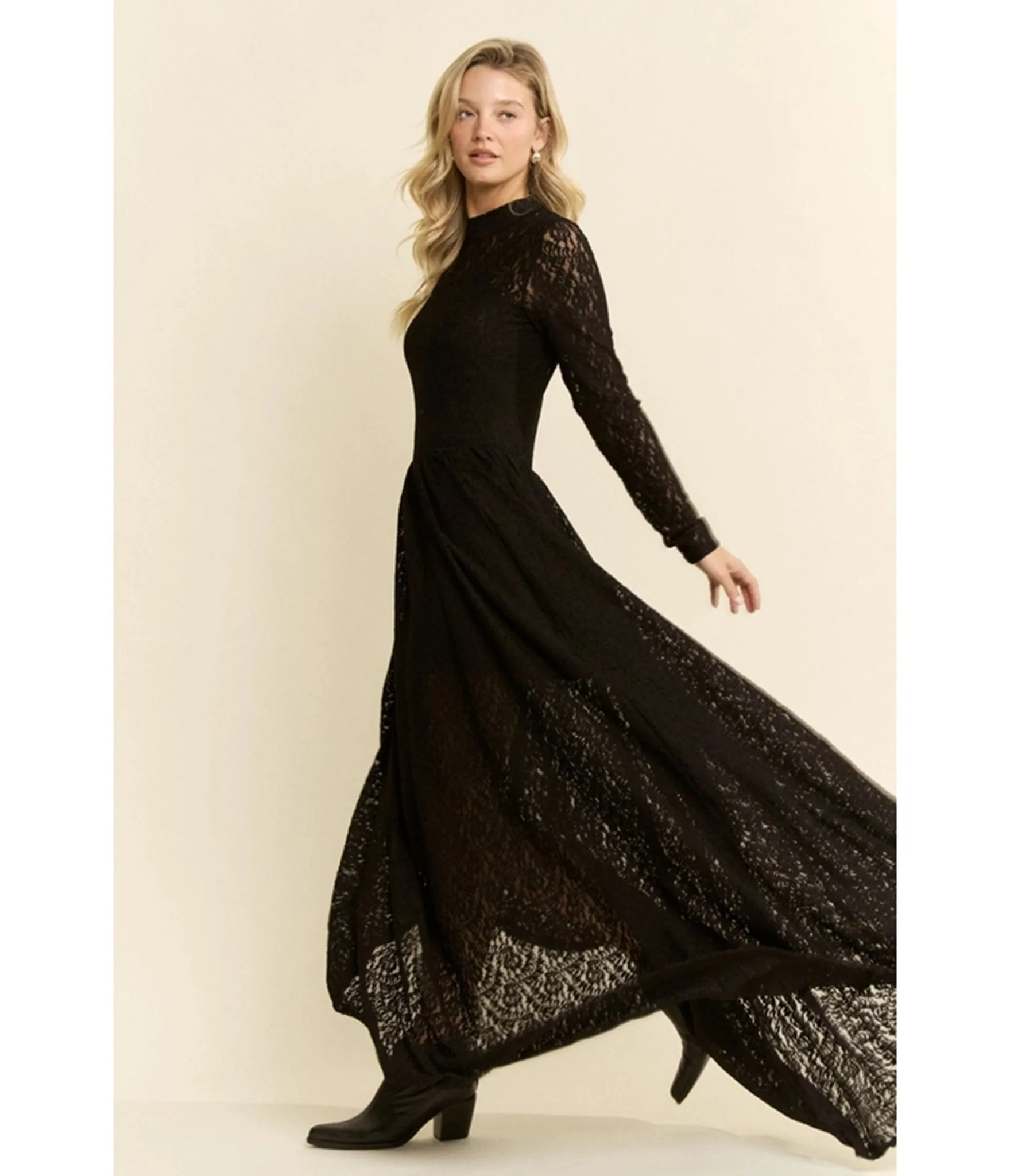 Black Lace Long Sleeve Maxi Dress sold by Unique Vintage product image thumbnail 3
