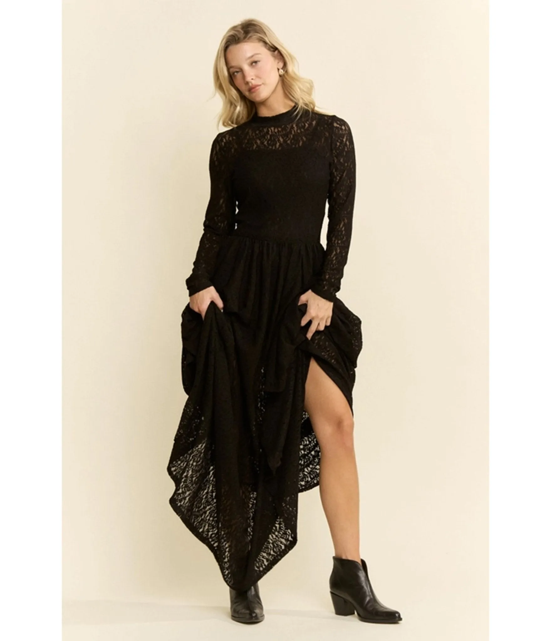Black Lace Long Sleeve Maxi Dress sold by Unique Vintage