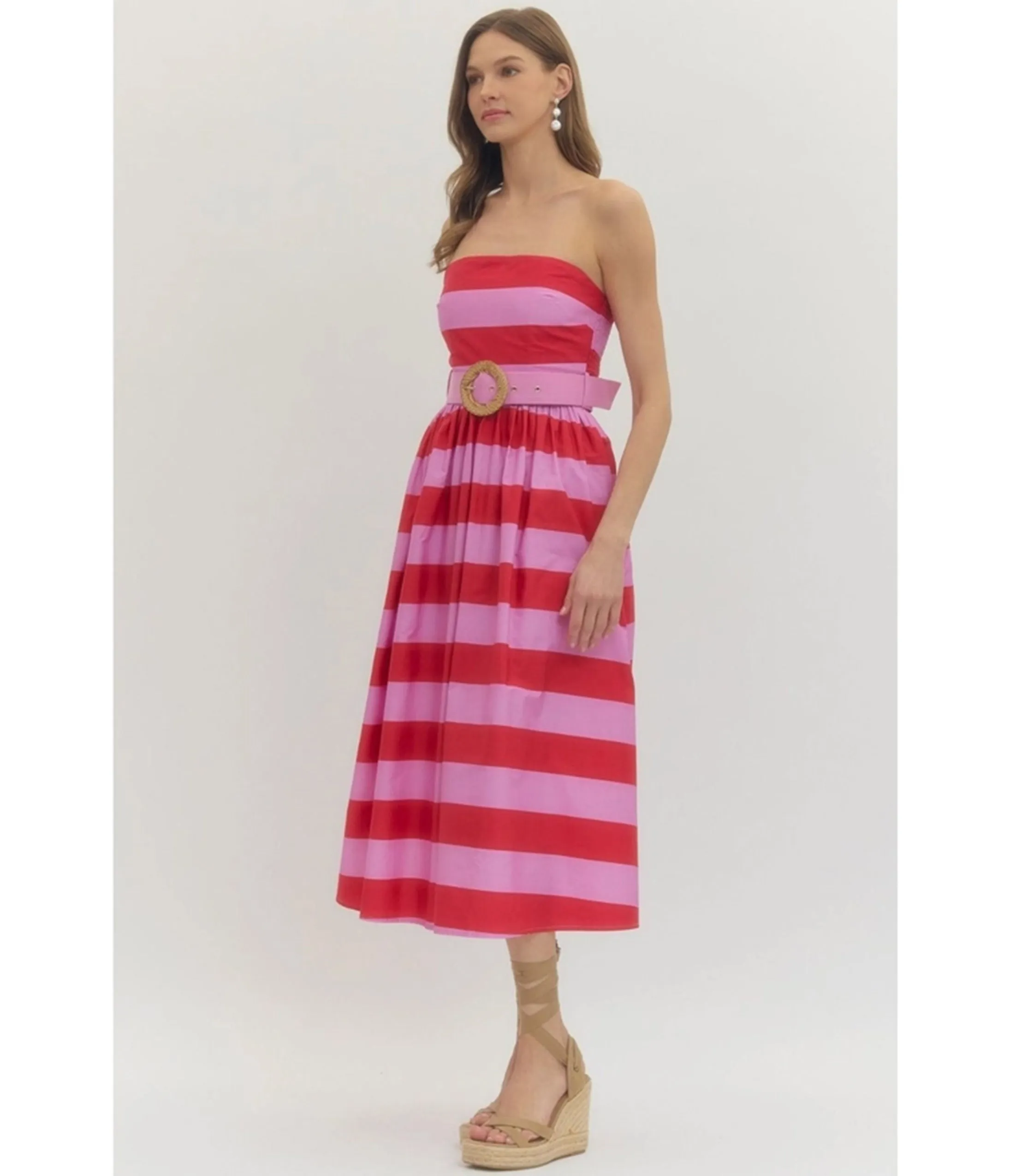 Pink & Red Stripe Strapless Midi Dress sold by Unique Vintage product image thumbnail 5