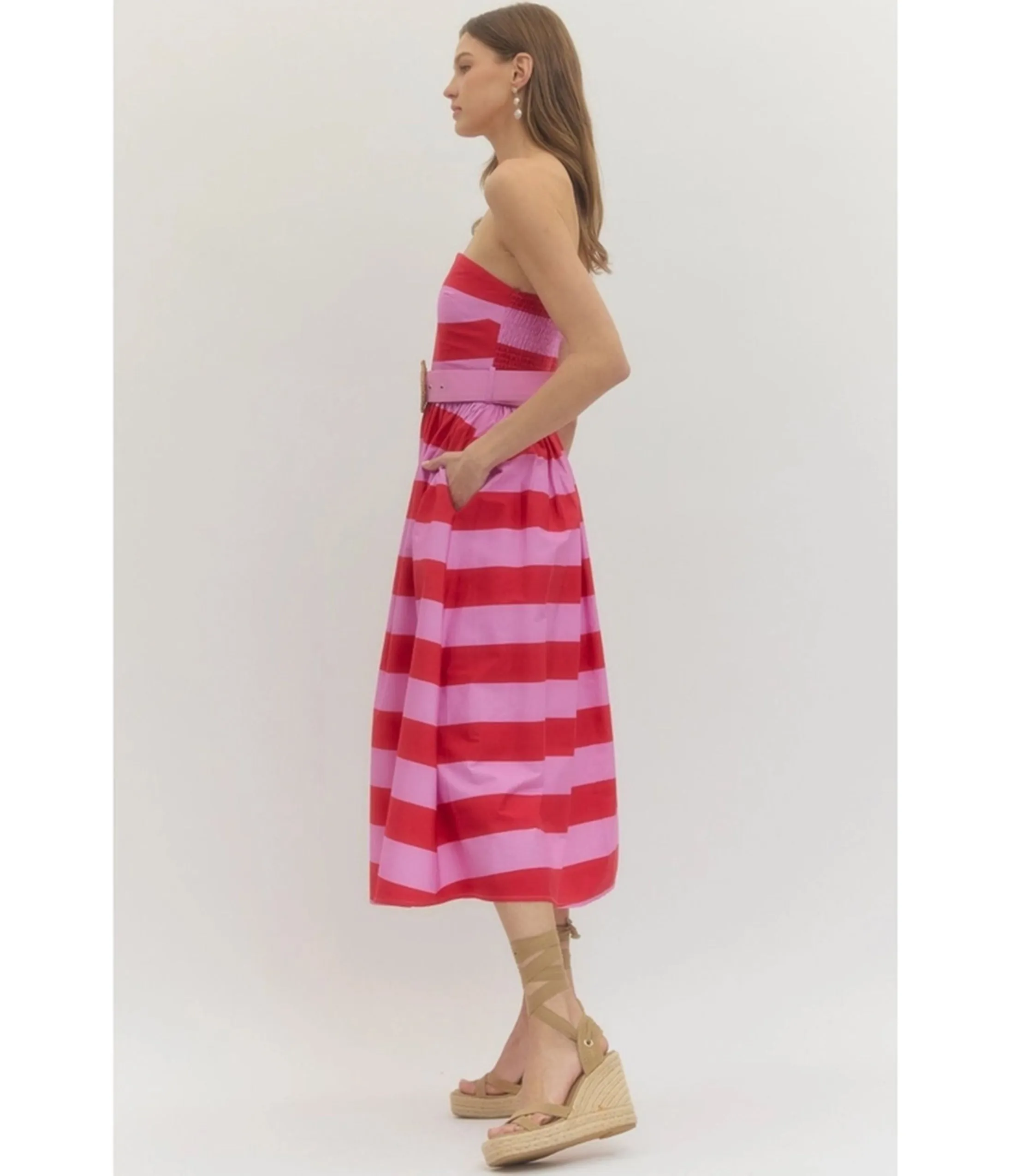 Pink & Red Stripe Strapless Midi Dress sold by Unique Vintage product image thumbnail 4