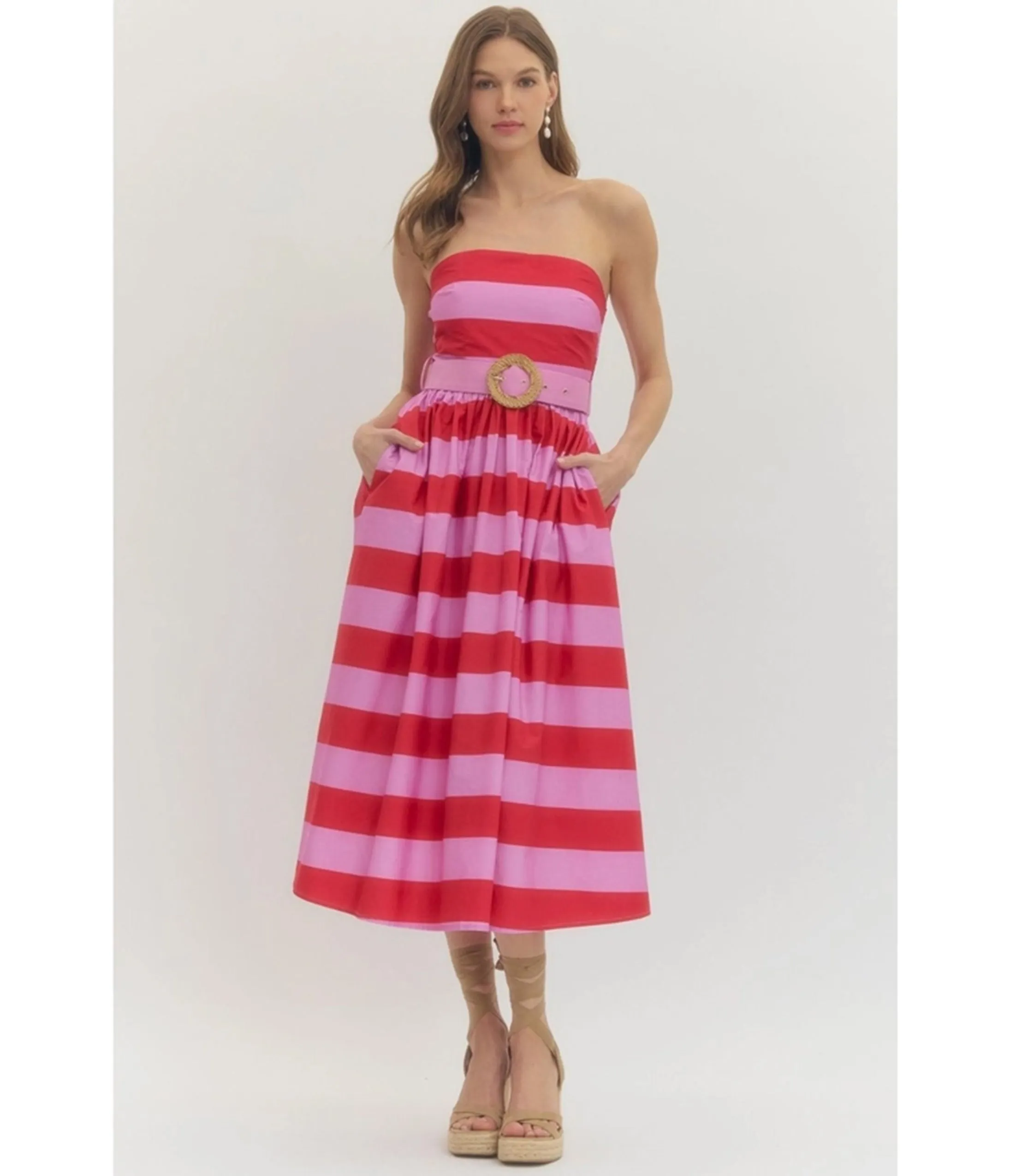 Pink & Red Stripe Strapless Midi Dress sold by Unique Vintage product image thumbnail 3