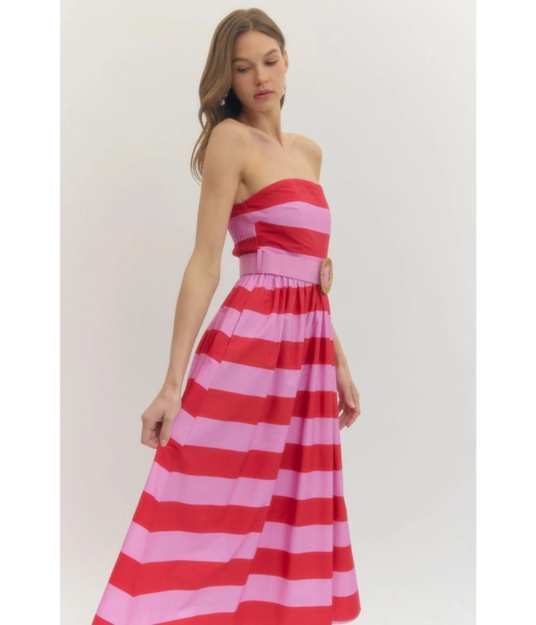 Pink & Red Stripe Strapless Midi Dress sold by Unique Vintage
