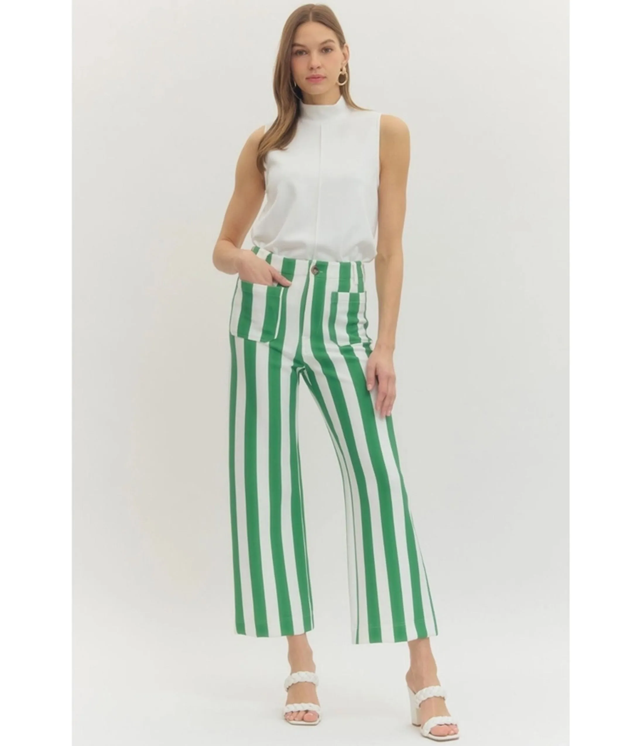 White & Green Striped Wide Leg Pants sold by Unique Vintage