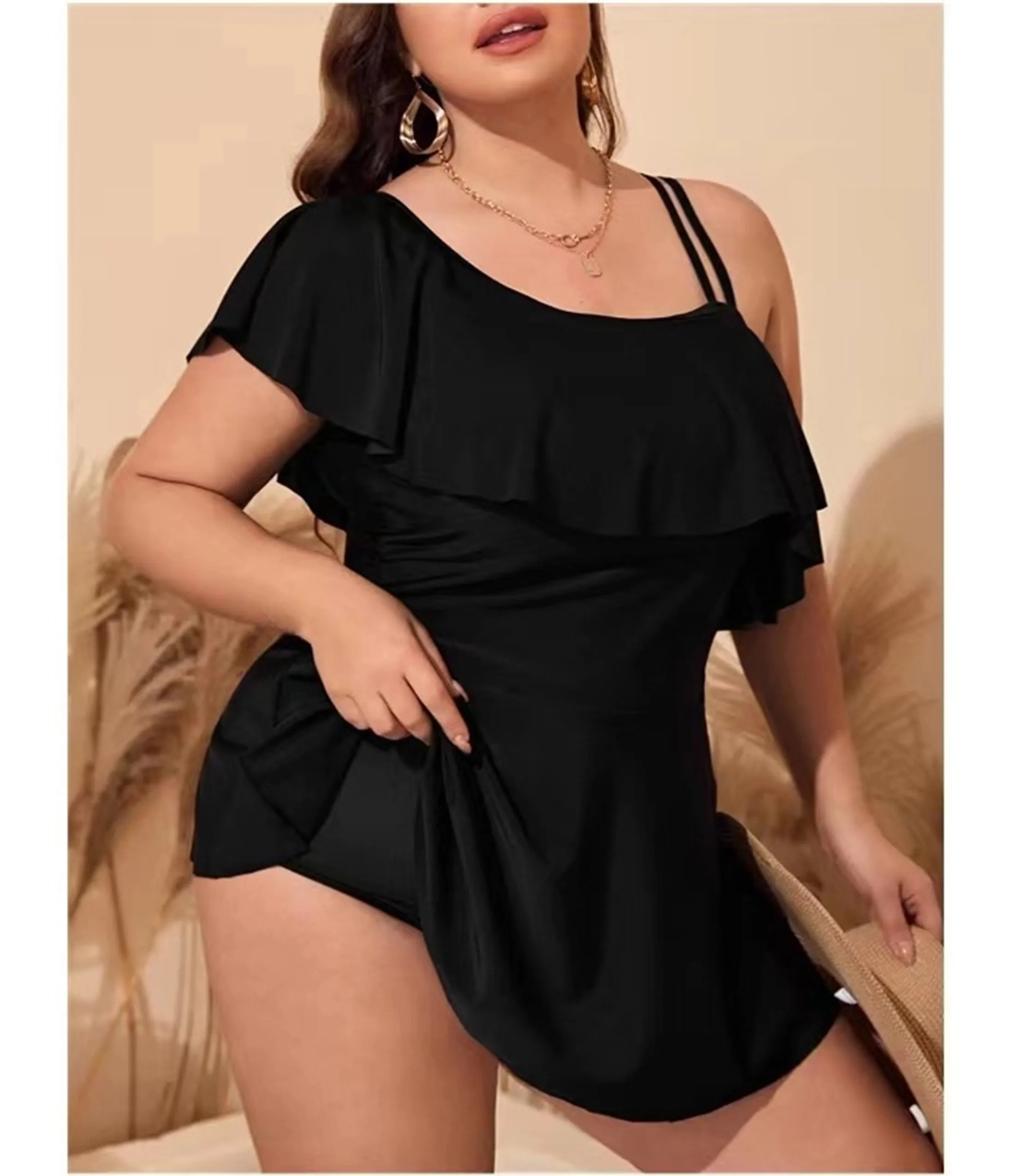 Plus Size Black One Shoulder Ruffle Swimdress sold by Unique Vintage product image thumbnail 3