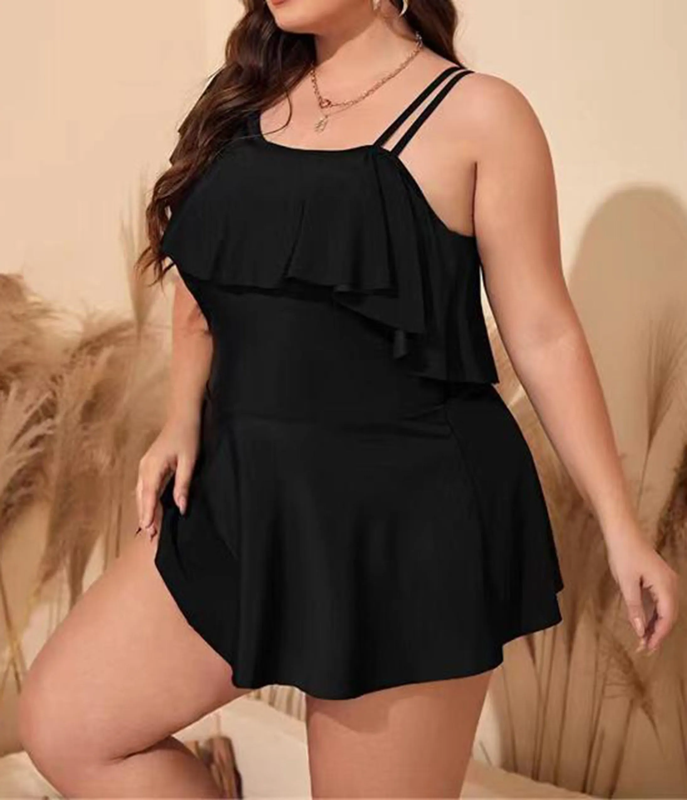 Plus Size Black One Shoulder Ruffle Swimdress sold by Unique Vintage product image thumbnail 4