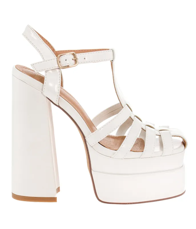 White Faux Leather Platform Sandal Heels made by Unique Vintage