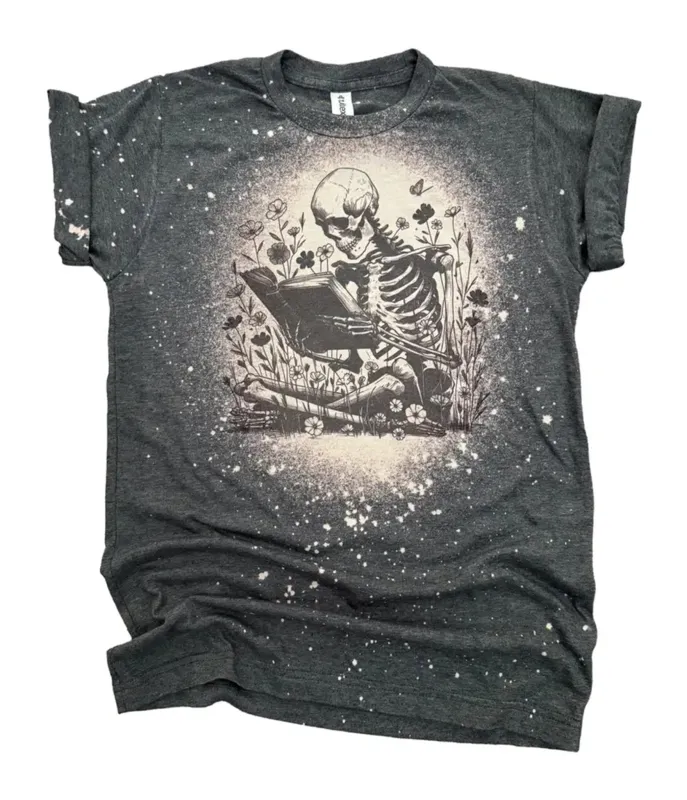 Charcoal Bleached Skeleton Book Lover Graphic Tee made by Unique Vintage
