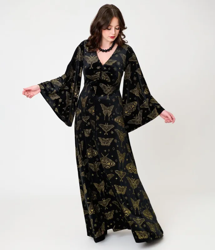 Smak Parlour Black & Gold Moth Print Stevie Maxi Dress made by Unique Vintage