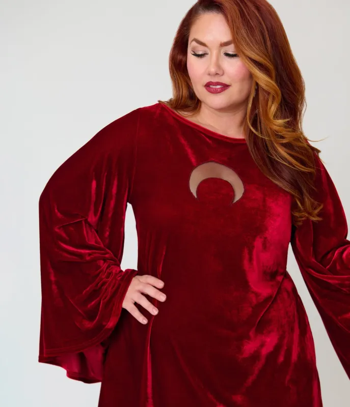 Smak Parlour Plus Size Burgundy Velvet Moon Cutout Downtown Scene Mini Dress made by Unique Vintage