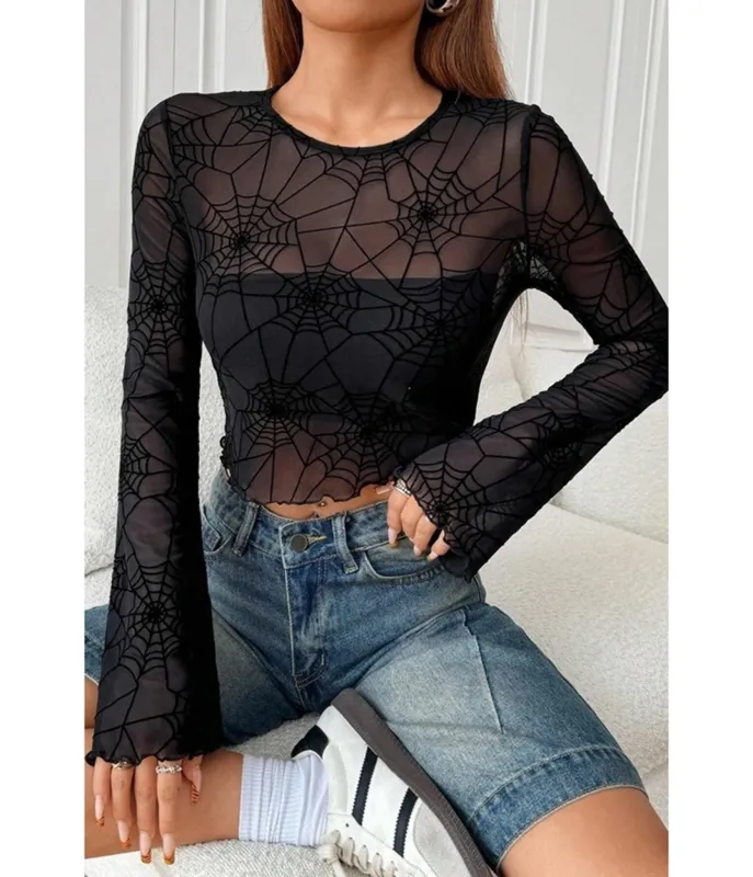 Black Spider Web Mesh Crop Top made by Unique Vintage