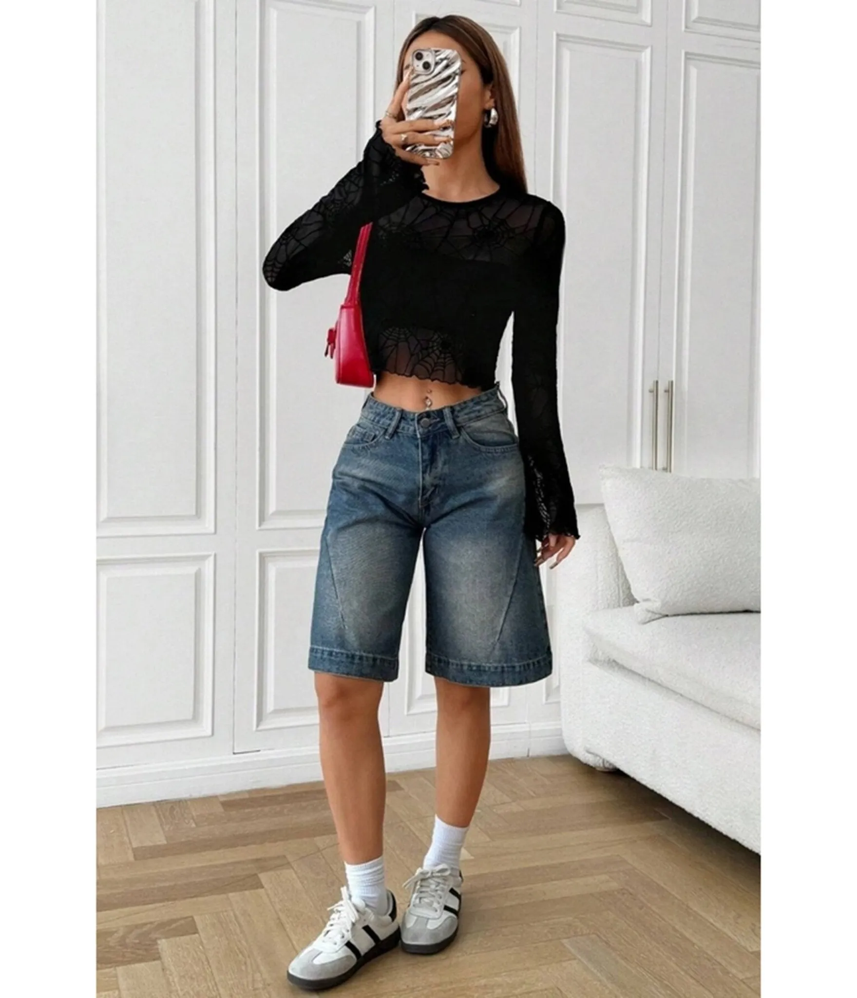 Black Spider Web Mesh Crop Top sold by Unique Vintage product image thumbnail 4
