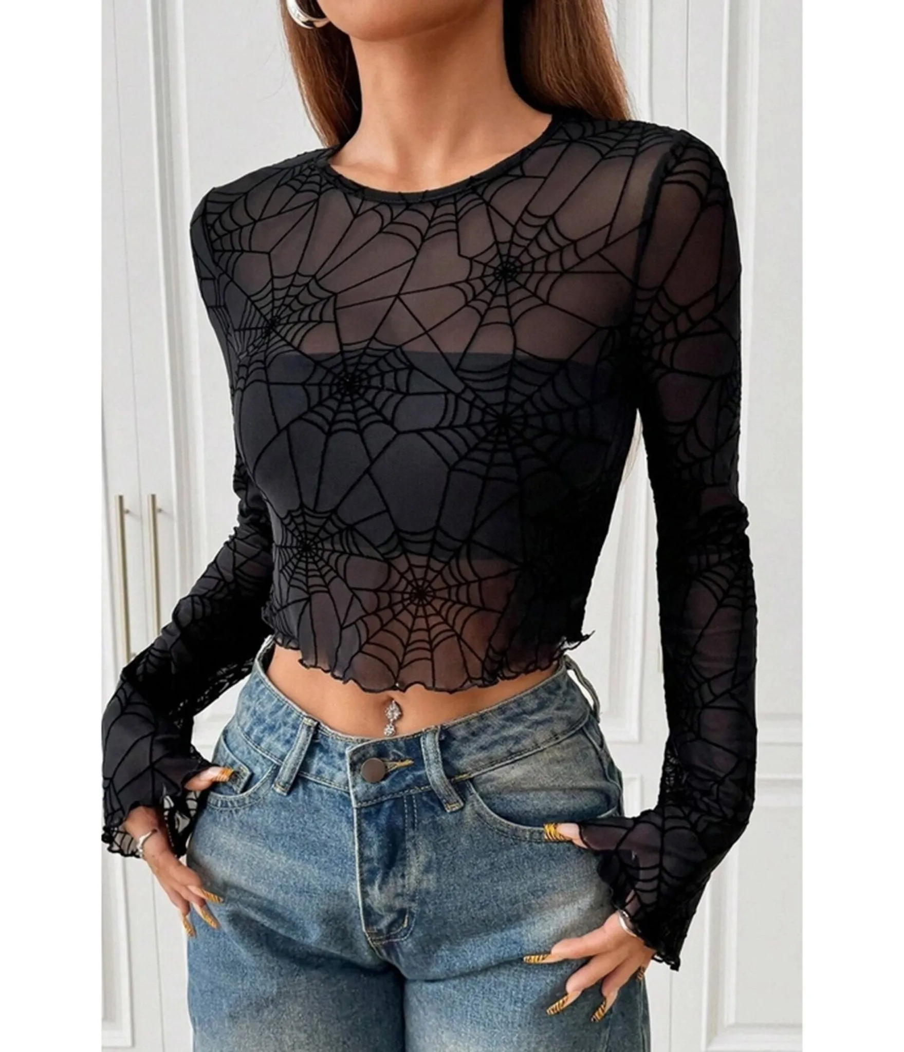 Black Spider Web Mesh Crop Top sold by Unique Vintage product image thumbnail 3