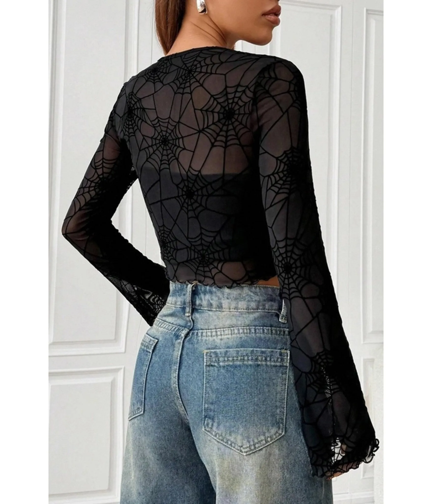 Black Spider Web Mesh Crop Top sold by Unique Vintage product image thumbnail 2