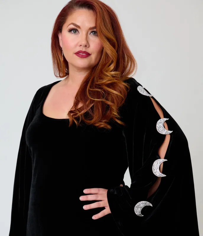 Smak Parlour Plus Size Black Velvet Moon Cutout Bell Sleeve Mini Dress made by Unique Vintage