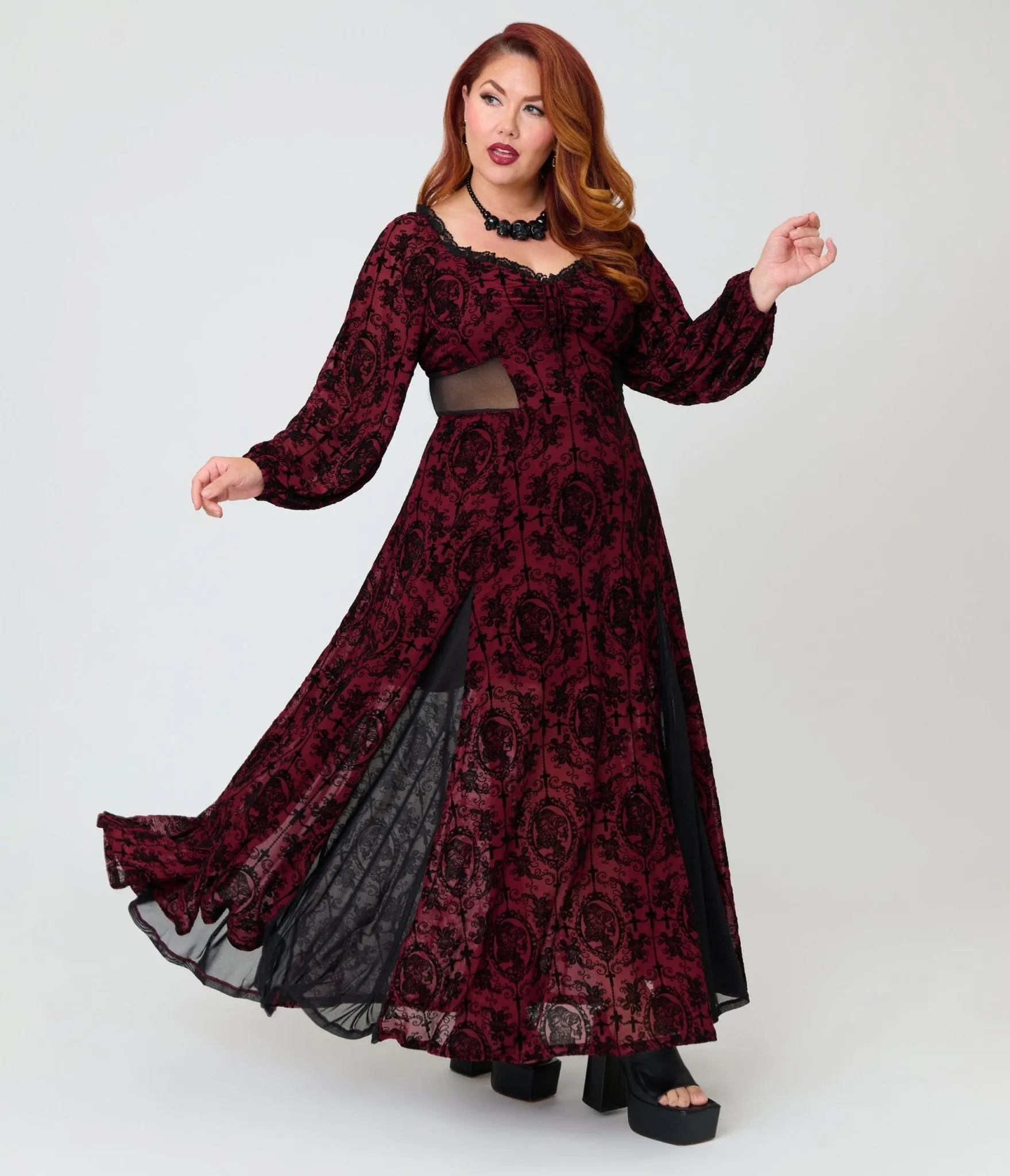 Unique Vintage Plus Size Burgundy Flocked Godet Maxi Dress sold by Unique Vintage product image thumbnail 3