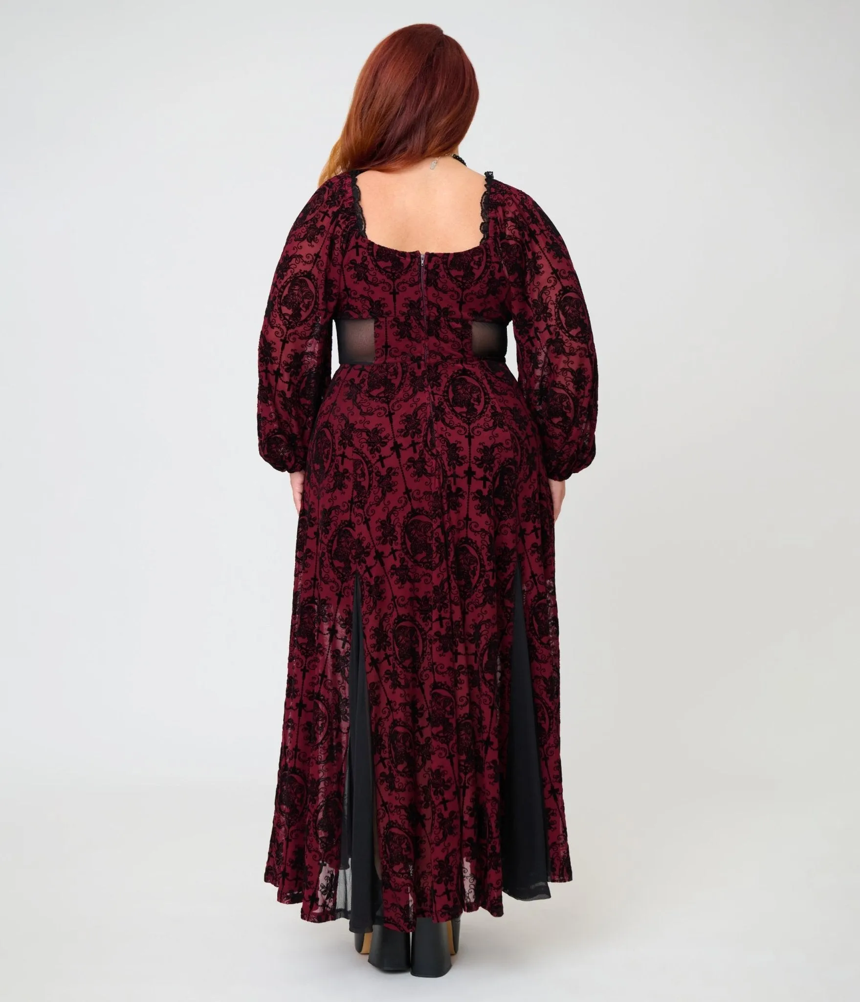 Unique Vintage Plus Size Burgundy Flocked Godet Maxi Dress sold by Unique Vintage product image thumbnail 2