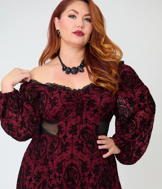 Unique Vintage Plus Size Burgundy Flocked Godet Maxi Dress made by Unique Vintage