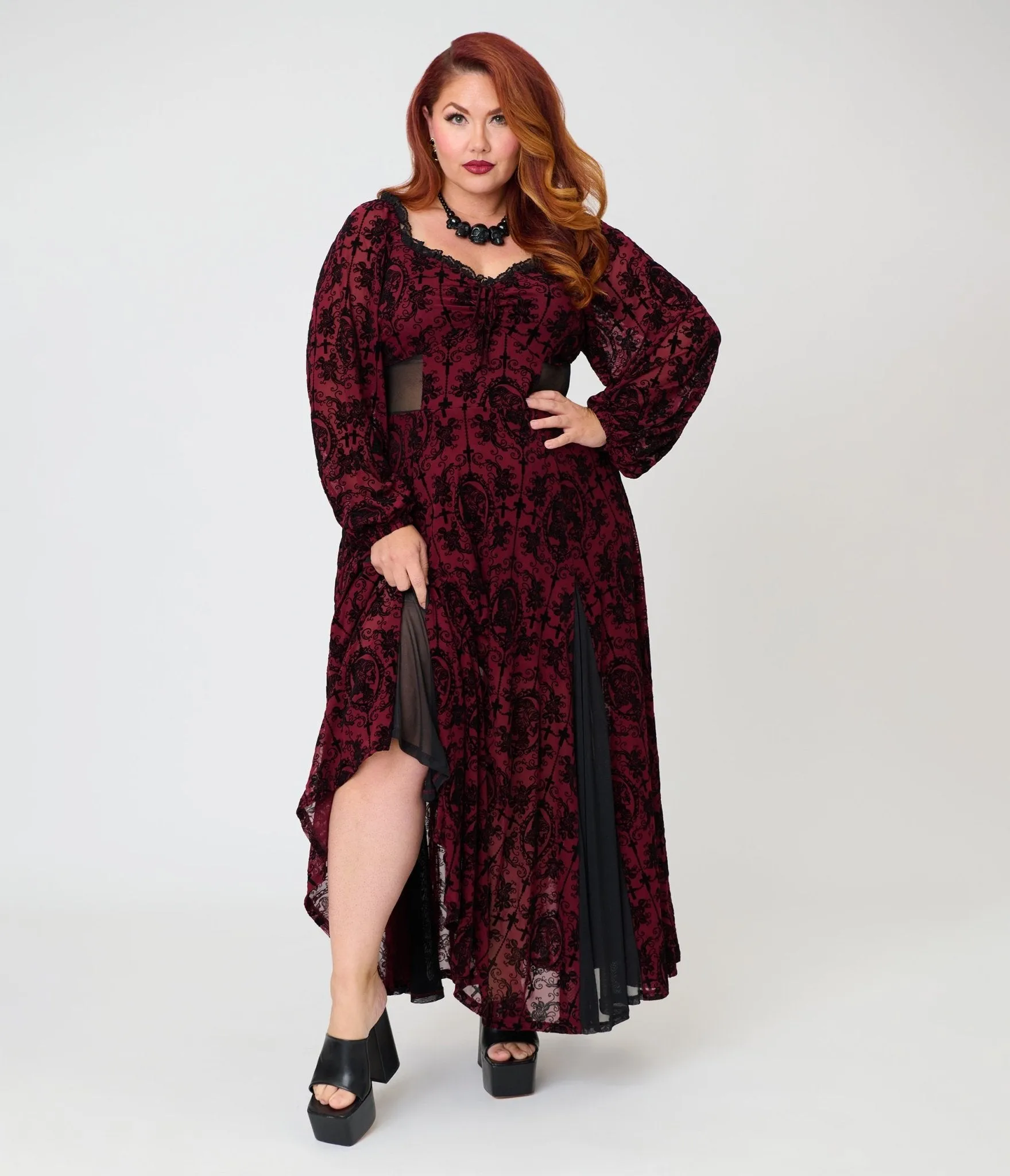 Unique Vintage Plus Size Burgundy Flocked Godet Maxi Dress sold by Unique Vintage product image thumbnail 5