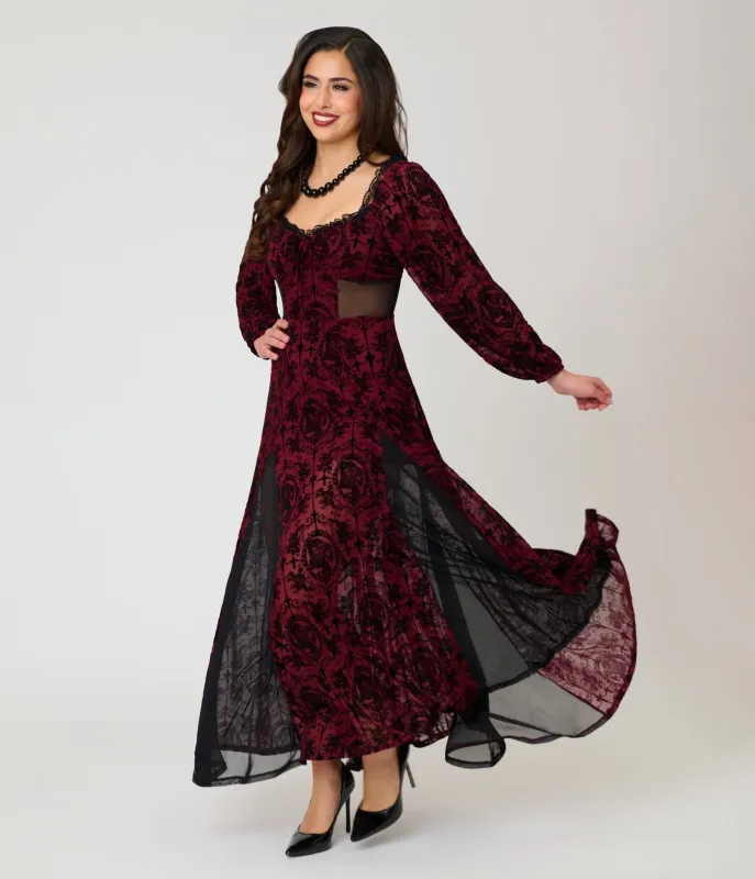 Unique Vintage Burgundy Flocked Godet Maxi Dress made by Unique Vintage