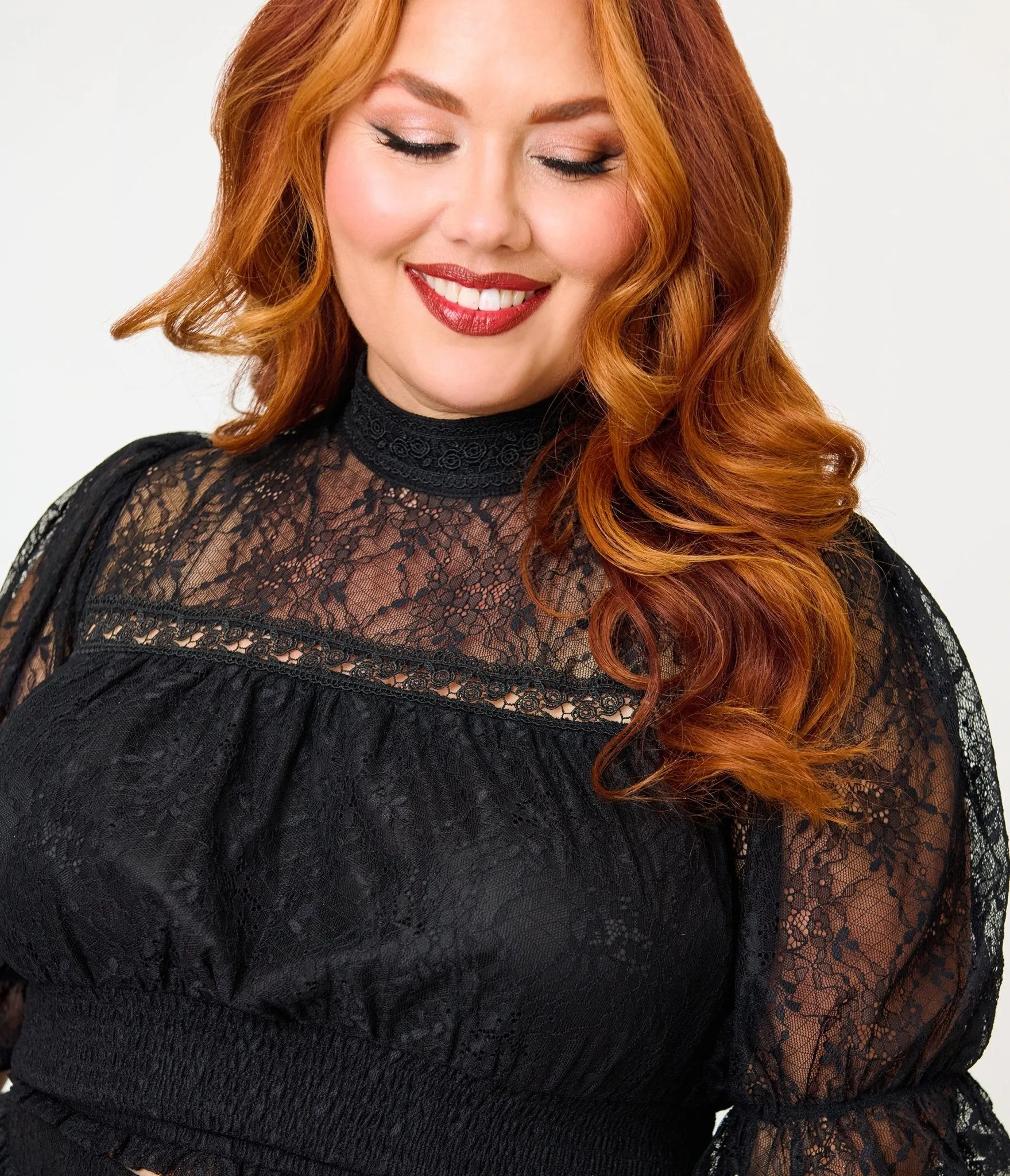 Unique Vintage Plus Size Black Lace Smocked Blouse sold by Unique Vintage