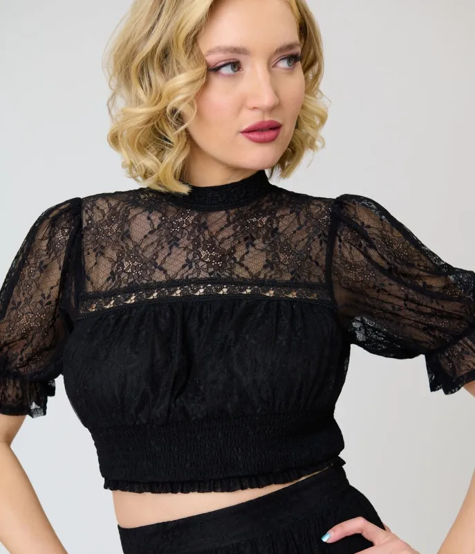 Unique Vintage Black Lace Smocked Blouse made by Unique Vintage
