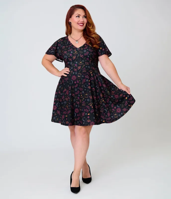 Unique Vintage Plus Size Black Mystical Icons Poppy Flare Dress made by Unique Vintage