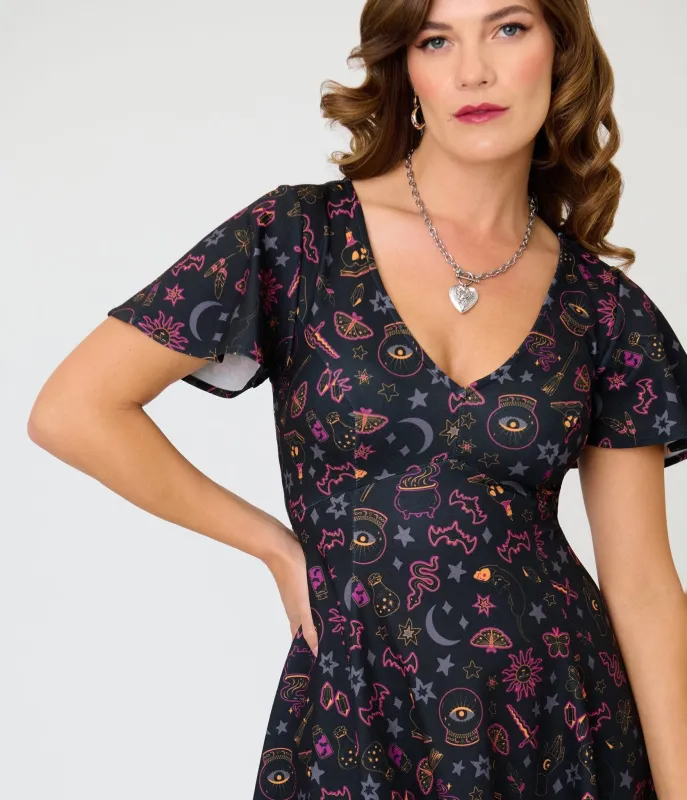 Unique Vintage Black Mystical Icons Poppy Flare Dress made by Unique Vintage