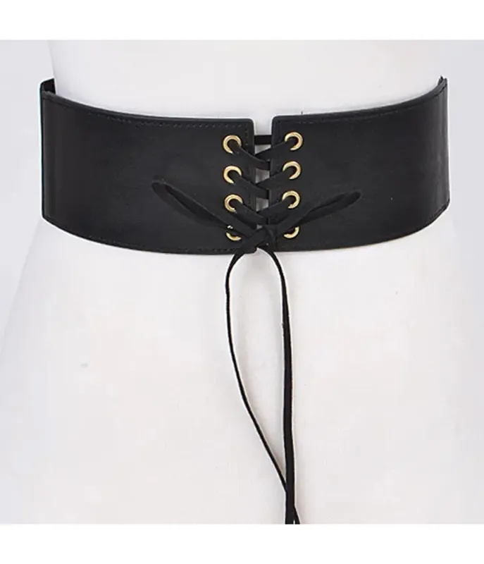 Black Faux Leather Lace Up Corset Belt made by Unique Vintage