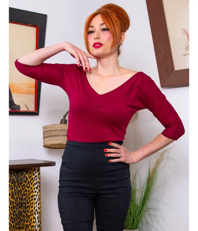 Burgundy Midcentury V-Neck Top made by Unique Vintage