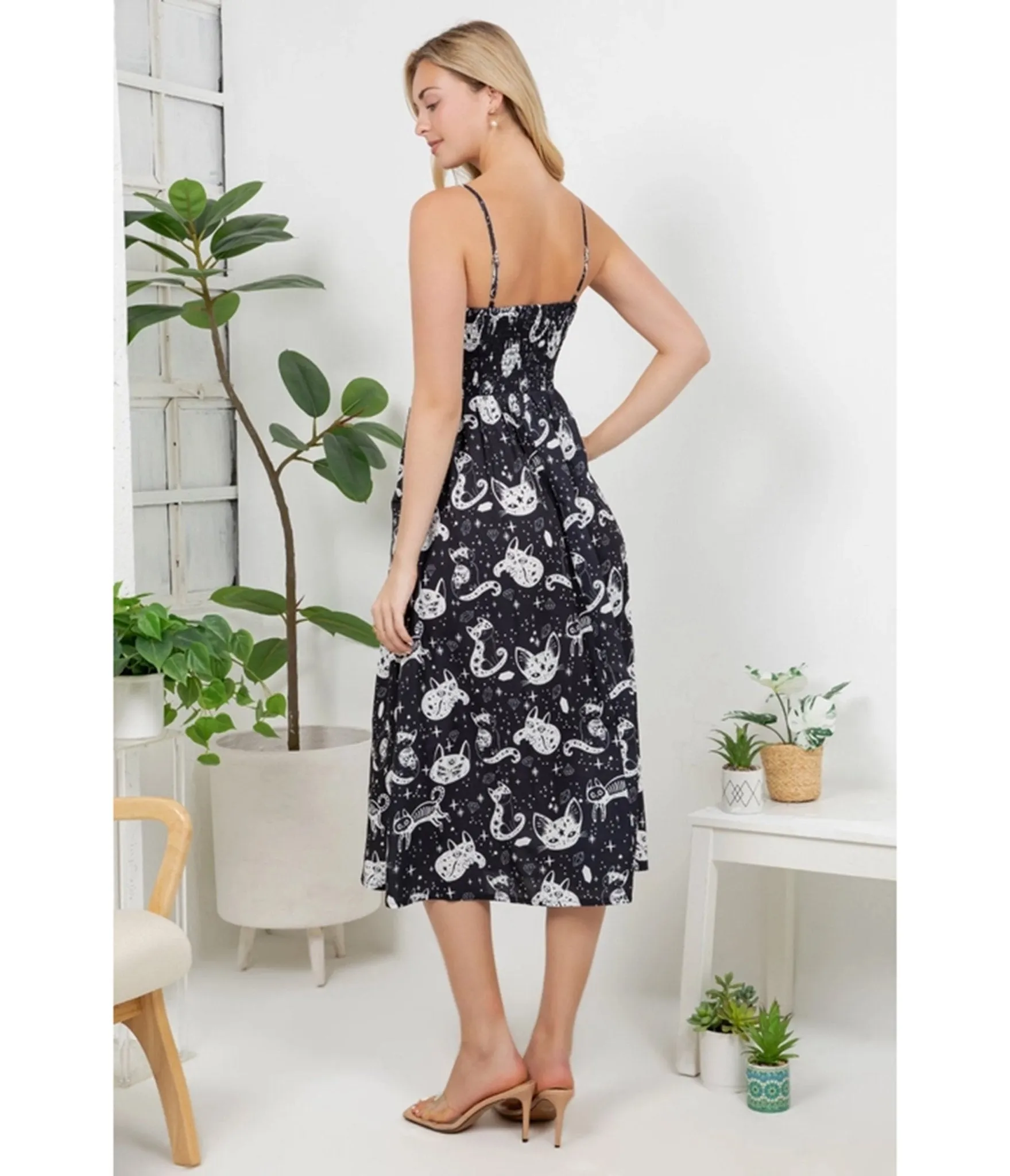 Black Celestial Cat Print Midi Dress sold by Unique Vintage product image thumbnail 2