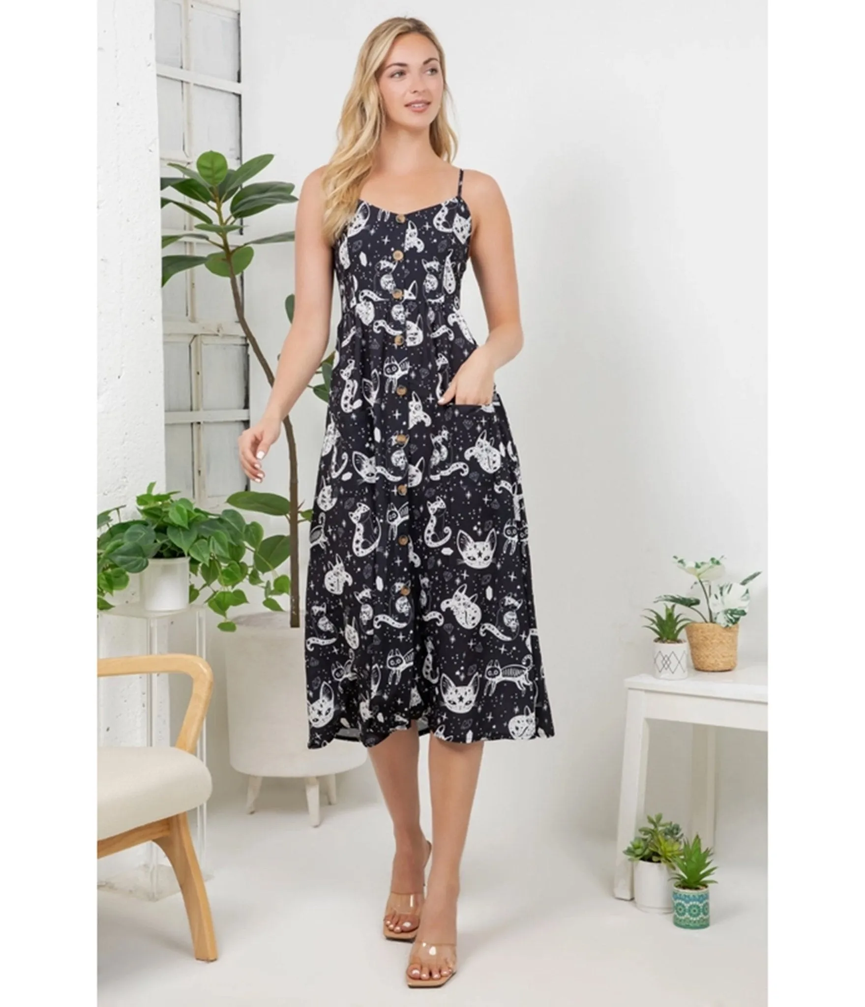 Black Celestial Cat Print Midi Dress sold by Unique Vintage product image thumbnail 3
