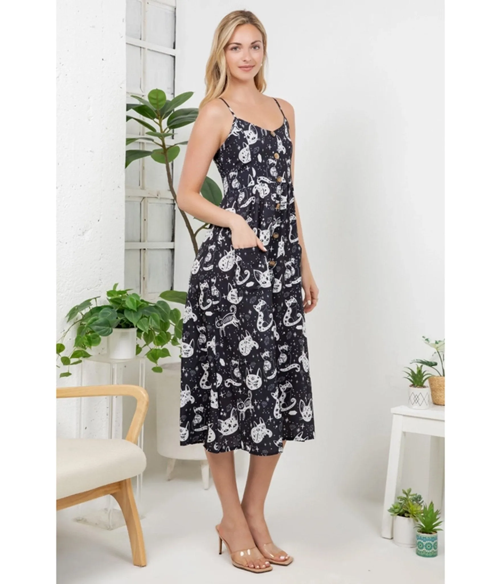 Black Celestial Cat Print Midi Dress sold by Unique Vintage product image thumbnail 4